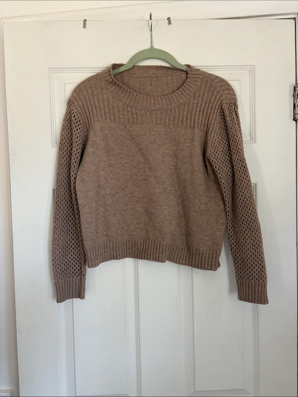 Cozy Open-Knit Sleeve Crewneck Sweater - Taupe